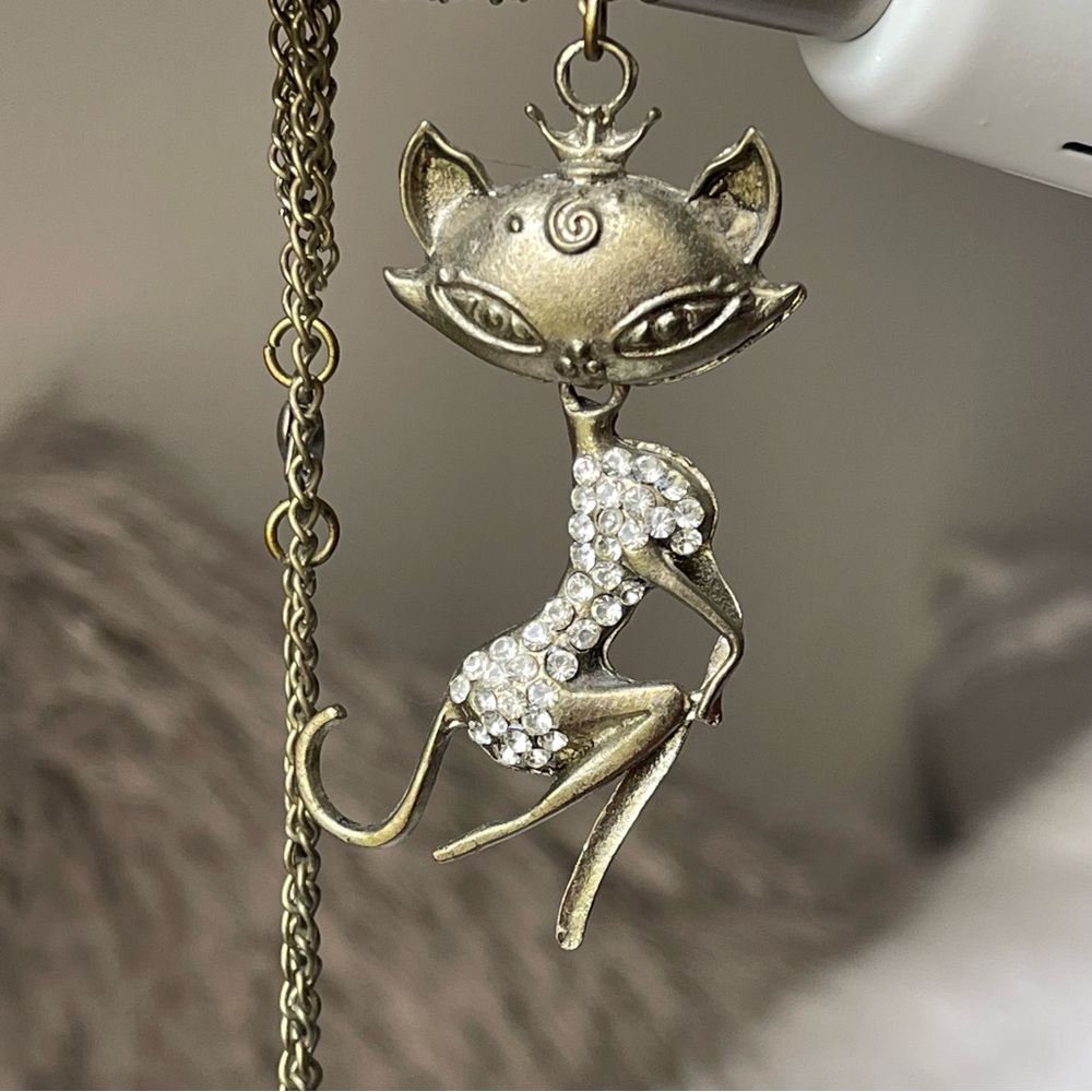 Pendant Only | Vintage | Brass Crowned Cat Lady In Rhinestone Dress 2.5" Tall